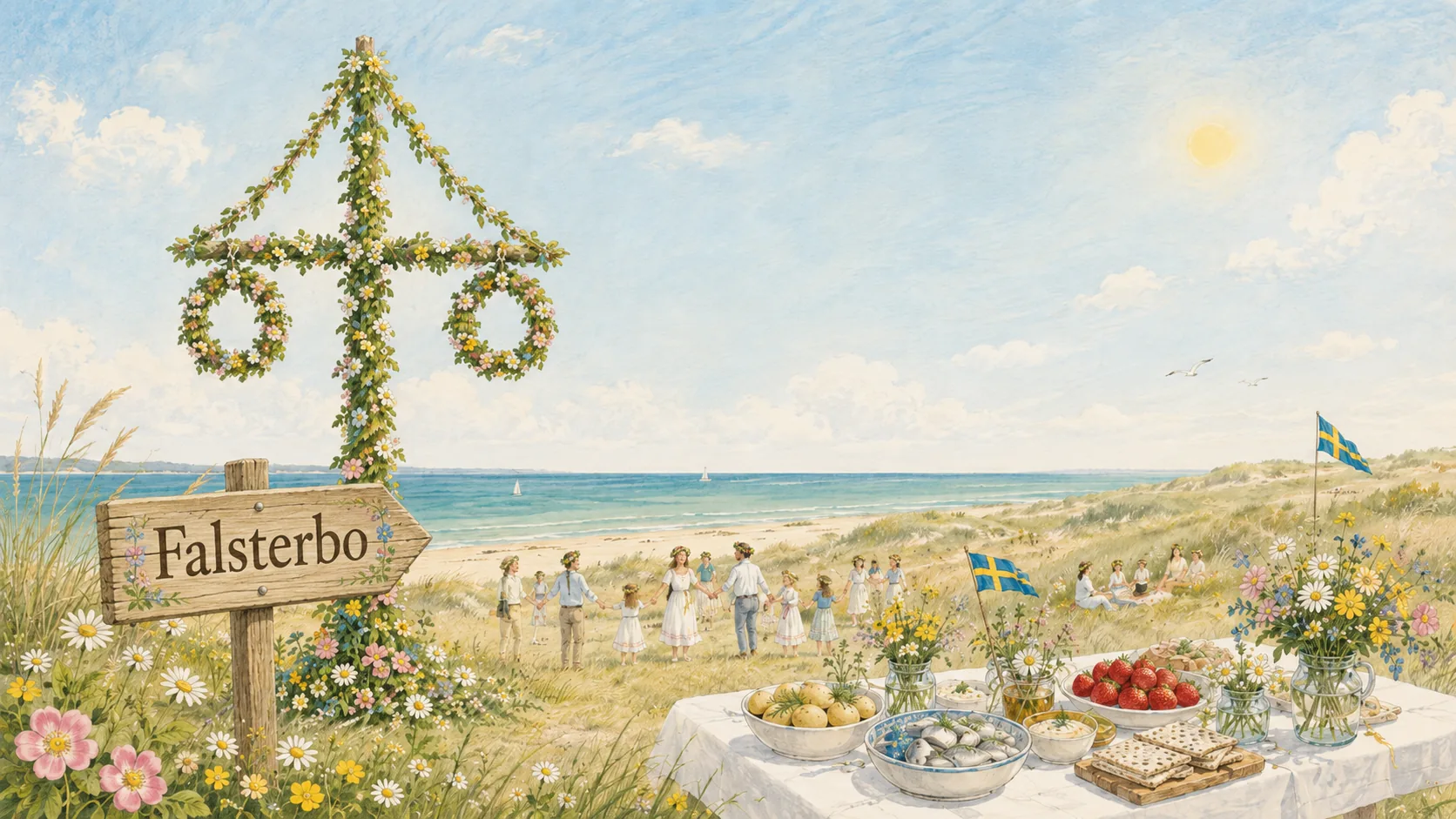 Midsommarfirande på stranden i Falsterbo — blomsterklädd midsommarstång, dans i ring och ett dukat bord med sill, nypotatis och jordgubbar.